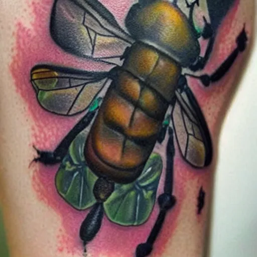 Image similar to a hyperrealistic insect tattoo, hyperrealistic, 3d, highly detailed