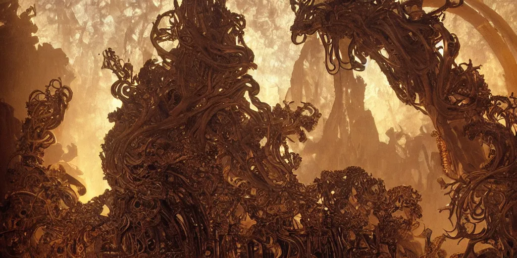 Image similar to ancient monument made of ribs and spines and teeth, gold ram horns, copper goat skulls, grand imposing powerful sculpture. swirls of mist. ominous clouds, intense light beams, lens flare. occult photorealism, uhd, amazing depth, volumetric lighting, cinematic lighting. epic landscape. alphonse mucha.