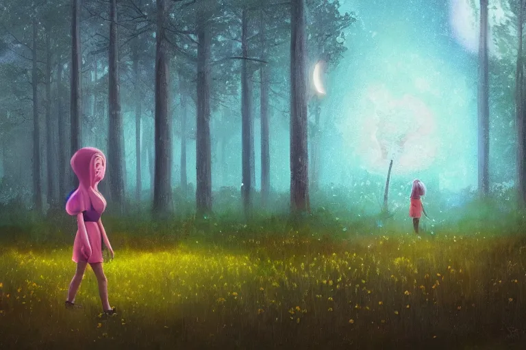 Image similar to giant daisy flower on head, girl walking in forest, big trees, surreal photography, dark night, stars, moon light, impressionist painting, clouds, digital painting, artstation, simon stalenhag