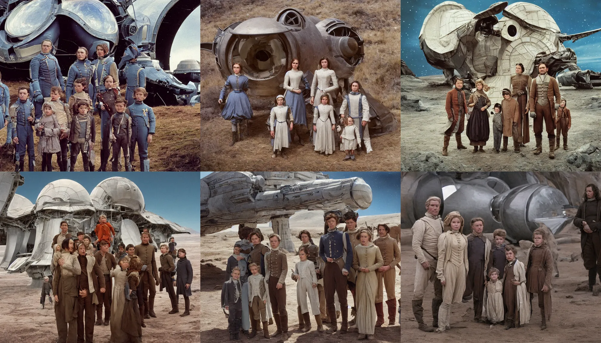 Prompt: highly detailed, 256435456k film, 1612800mm film still from a sci fi blockbuster color movie made in 2019, set in 1860, of a family standing in front of a spaceship that has just landed on an alien planet, the family are all wearing 1860s era clothes, good lighting, good photography, ultra high definition