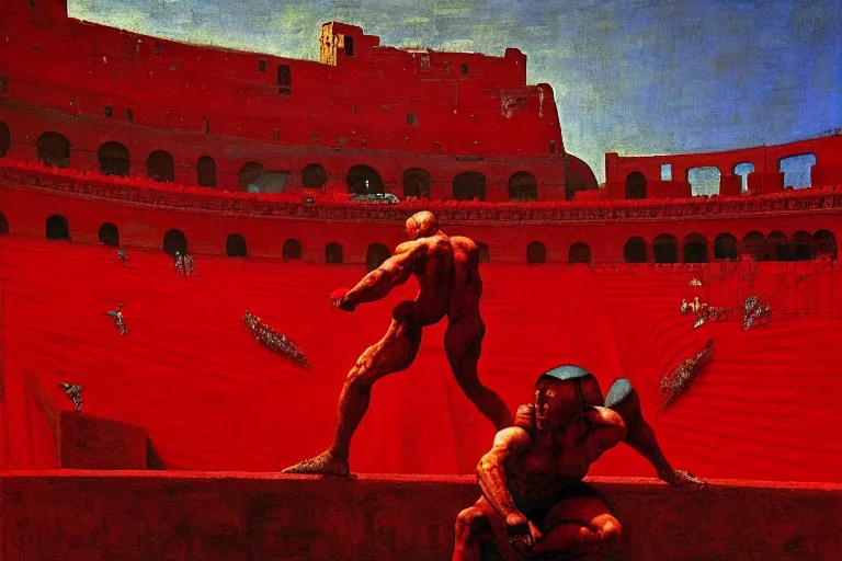 Image similar to only with red, a red gladiator in a crowded roman amphitheatre, crowd cheers him, in the style of beksinski, parts by edward hopper, parts by rodcenko, parts by yue minjun, intricate and epic composition, red by caravaggio, insane quality, highly detailed, masterpiece, red light, artstation