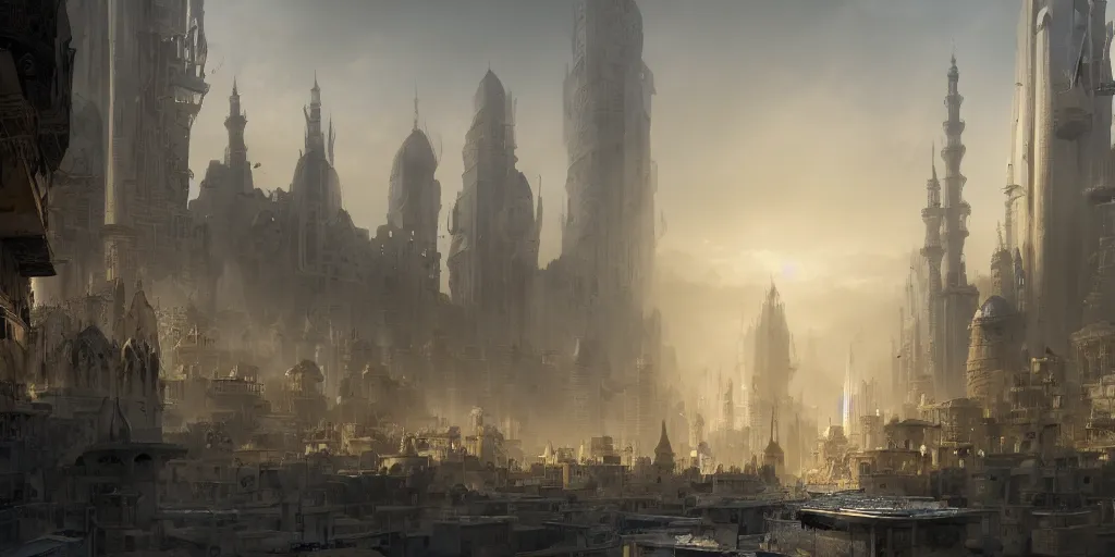 Image similar to Islamic city, beautiful dynamic lighting, cinematic, wide angle establishing shot, extremely high detail, photo realistic, cinematic lighting, post processed, concept art, artstation, matte painting, style by eddie mendoza, raphael lacoste, alex ross, volumetric lighting, light rays, photorealistic, ultrarealistic, moody, coronarender, 8k