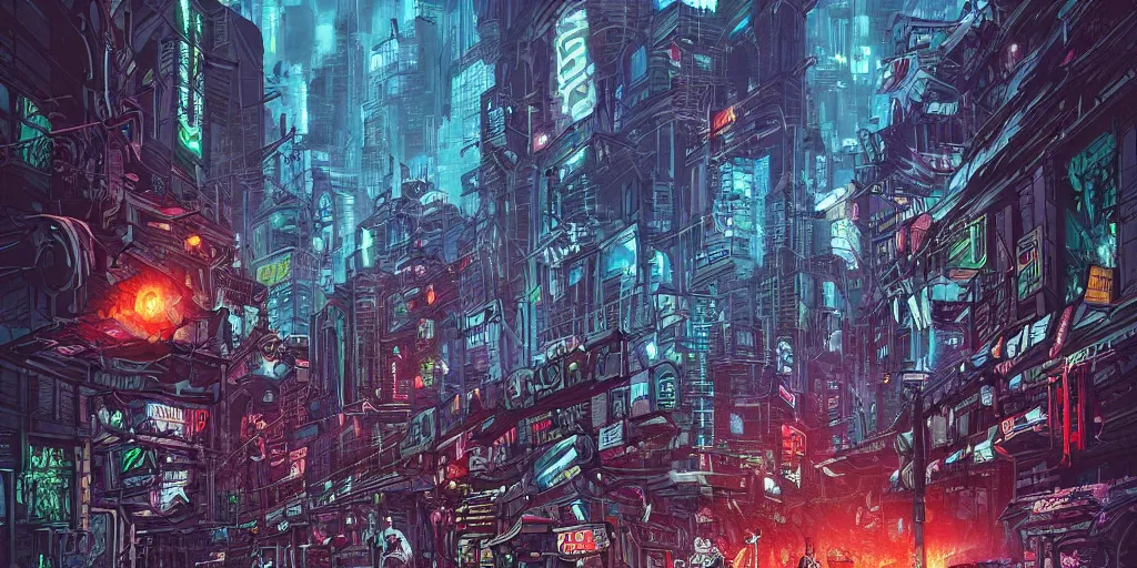 Prompt: landscape painting of a zombie invasion on a cyberpunk city by Dan Mumford, hyperdetailed, trending on Artstation