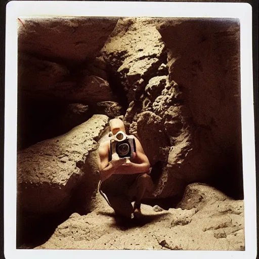 Prompt: a dive bard inside of a cave, old polaroid, expired film,