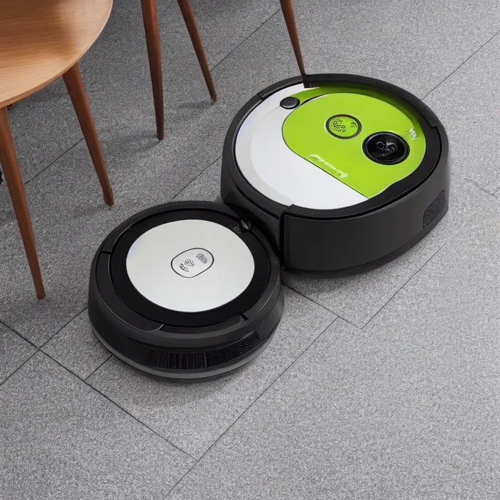Prompt: A Roomba with a four stand legs with wheels just like a table, product advertising, professional advertising, studio quality product