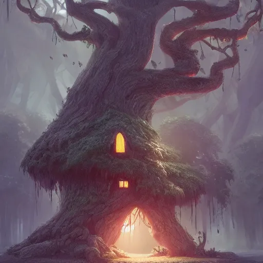 Prompt: a tree with a wide trunk a house in the center of the tree, planted in the middle of a city with high details, digital art, artstation, cinematografi, greg rutkowski