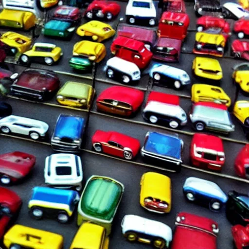 Prompt: a badly lit photo taken by an old phone of a box full of toy cars.