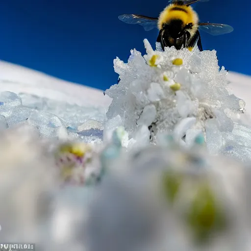 Prompt: a bee finding a beautiful flower made of snowflakes in antarctica, only snow i the background, beautiful macro photography, ambient light