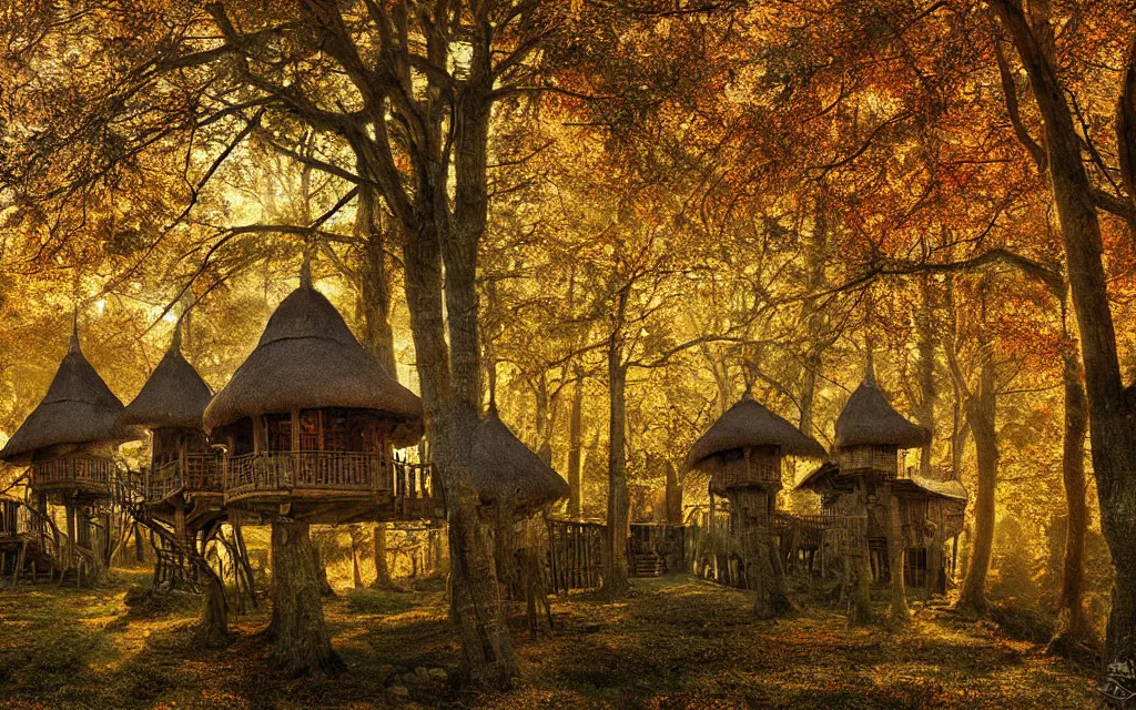 Image similar to a group of medieval style tree houses with thatched roofs, nestled in a forest, golden hour, autumn leaves, realistic high quality art digital art