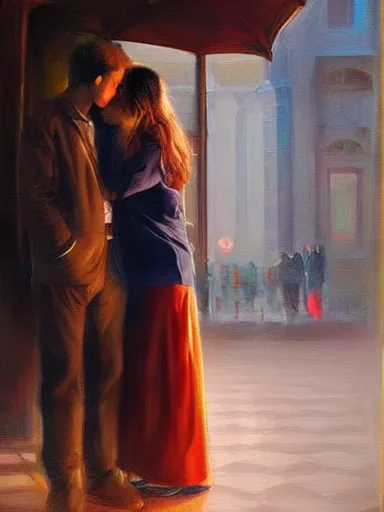 Image similar to masterpiece painting by salman toor, of a solo individual portrait of a guy and a girl kissing, cinematic light, renaissance, atmospheric effects, artstation