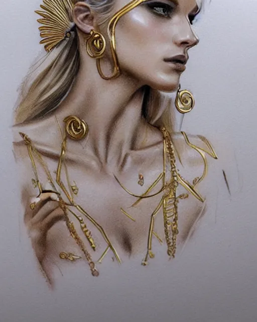 Image similar to tattoo design sketch of cute beautiful blonde super model as aphrodite greek goddess wearing a gold laurel wreath and triangle earrings, beautiful piercing gaze with sharp pupils, in the style of greg rutkowski, fantasy, amazing detail, epic, elegant, smooth, sharp focus, front view