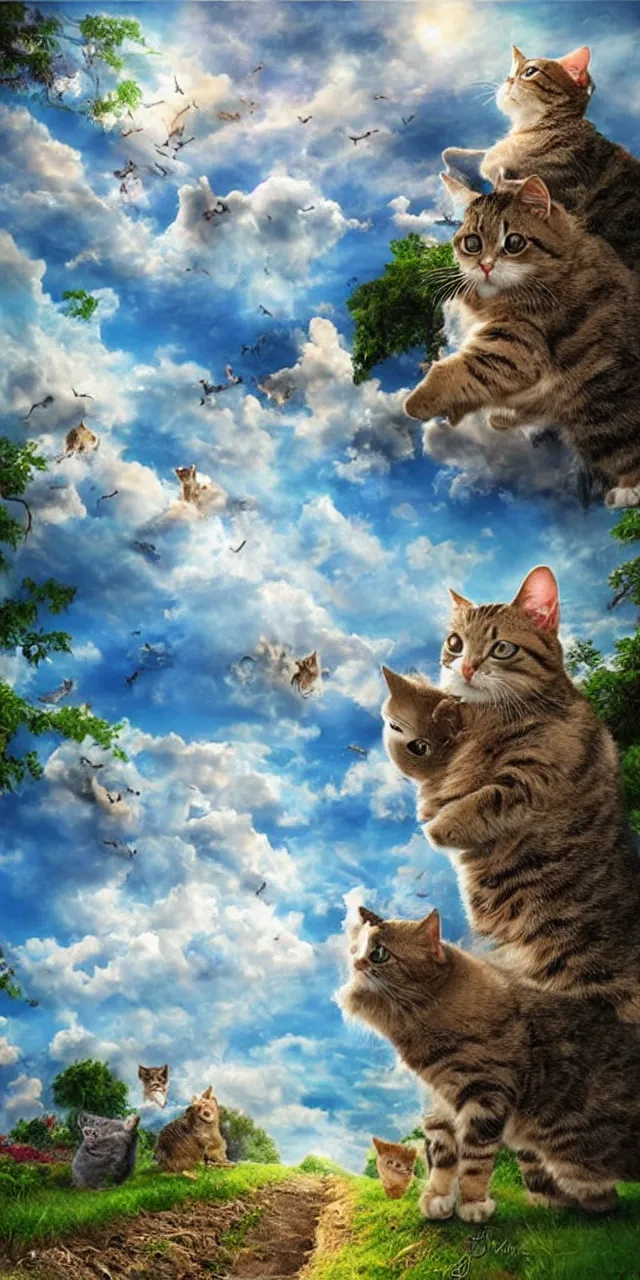 Prompt: a stairway to heaven full of cats, the sky have cat big heads between the clouds, landscape airbrush, realistic detailed