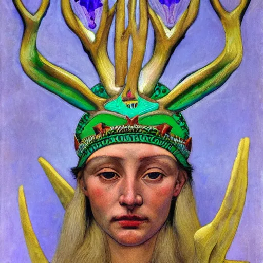 Image similar to the antler crown, by Annie Swynnerton and Nicholas Roerich and Diego Rivera, bioluminescent skin, elaborate costume, geometric ornament, symbolist, cool colors like blue and green and violet, smooth, sharp focus, extremely detailed