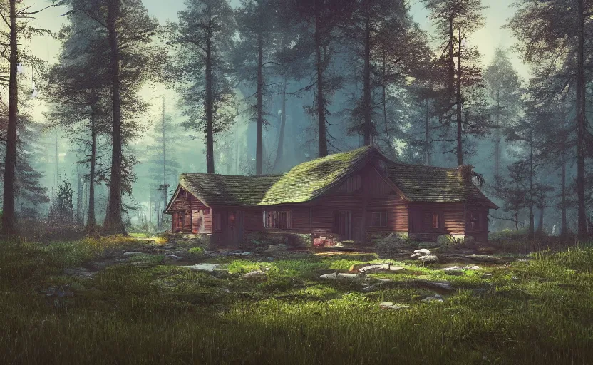 Image similar to a cottage in a forest, rendered by simon stalenhag, beeple, makoto shinkai, syd meade, environment concept, digital art, unreal engine, wlop, trending on artstation, low level, 4 k uhd image, octane render,