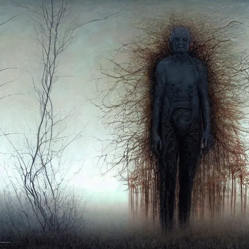 Prompt: joe biden as a shadow person, biopunk, body horror, creative design, environmental artwork, oil on canvas, by zdzisław beksinski, marco mazzoni, peter gric