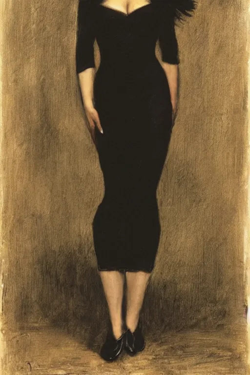 Image similar to upper body portrait sasha grey as morticia addams by alfred stevens