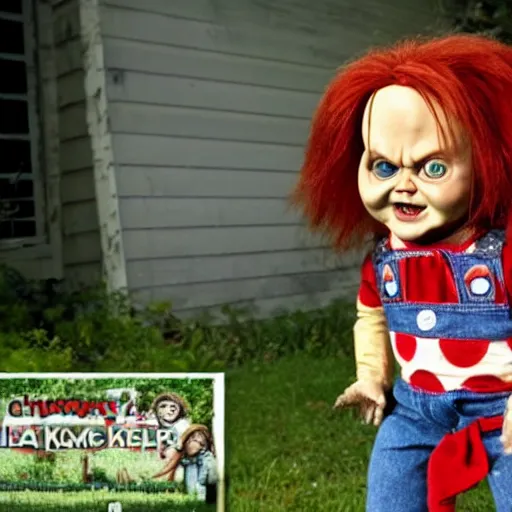 Image similar to Chucky the killer doll from the movie Child's Play standing in the yard