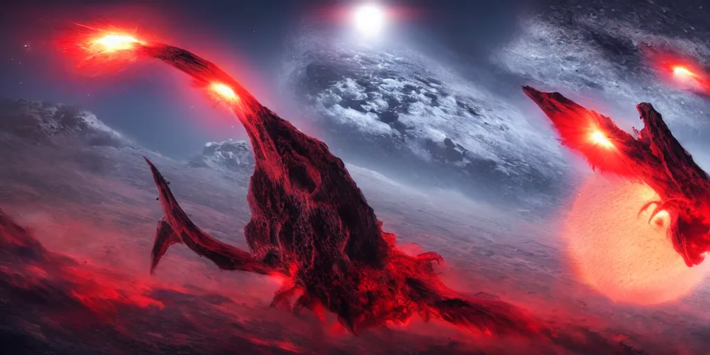 Prompt: giant <Cthulhu> silhouetted lunar surface crushing attacking red spaceship fighter with explosion, photorealistic, wide-angle, long shot, epic, space, lunar backdrop