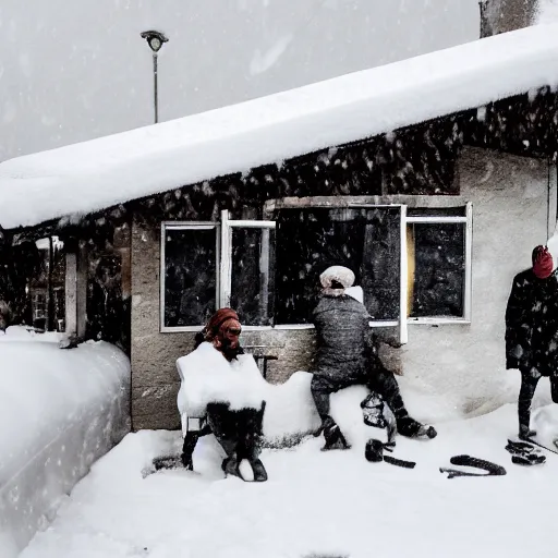 Image similar to a group of people is stuck in a hut while outside there’s a strong snowstorm, cinematic, movie still, film, movie, 35mm, award winning photography