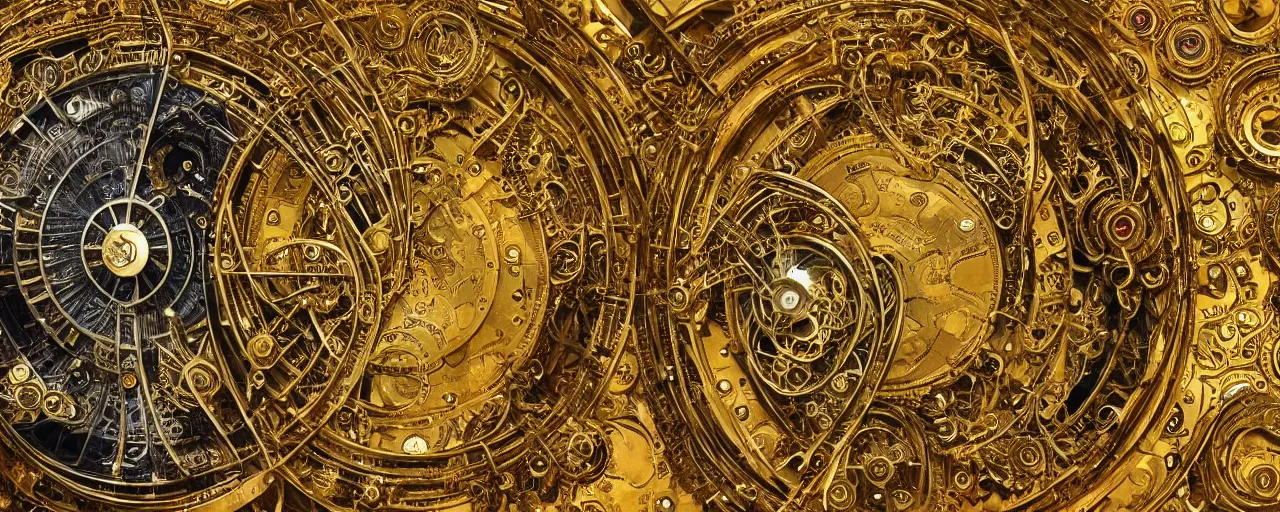 Prompt: golden clockwork machine with cogs, super detailed, karol bak, jean deville, gustav klimt, and vincent van gogh, otherworldly, fractal structures, arcane, clockface, spiral clock, inscribed runes, ornate gilded cosmic machine, spirals