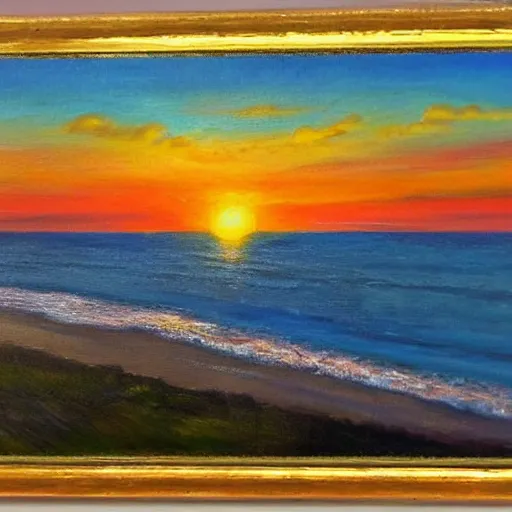 Prompt: sunset over a wooden cabin on the coast in the distance, sea, oil painting, very detailed, colorful