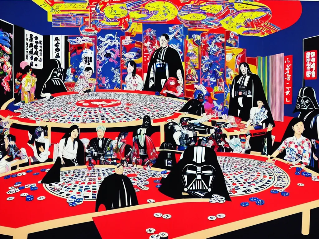 Image similar to hyper - realistic composition of a large room with an extremely detailed poker table in the center, woman in traditional japanese kimono standing nearby, darth vader sitting at the table, fireworks in the background, pop art style, jackie tsai style, andy warhol style, acrylic on canvas, dull palette