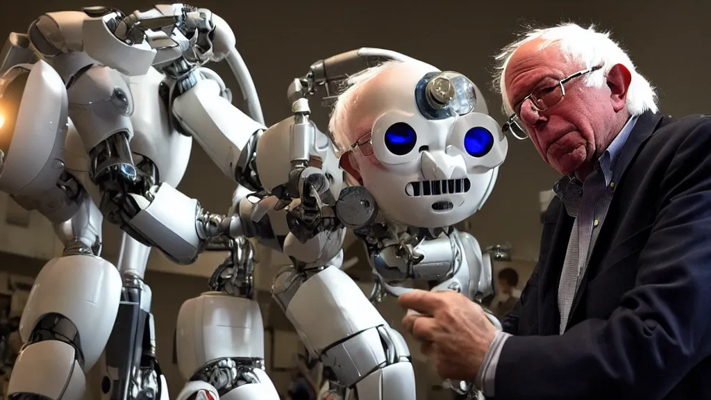 Image similar to bernie sanders putting the finishing touches on a ( ( ( ( cute ) ) ) ) clockwork doomsday robot, cinematic moody lighting, sharp focus, imax