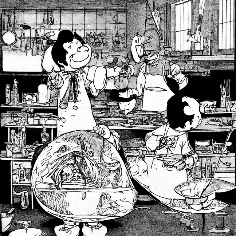 Image similar to a chef cutting screaming fat carp in the kitchen, detailed, high quality, high resolution, color illustration by Winsor McCay little nemo
