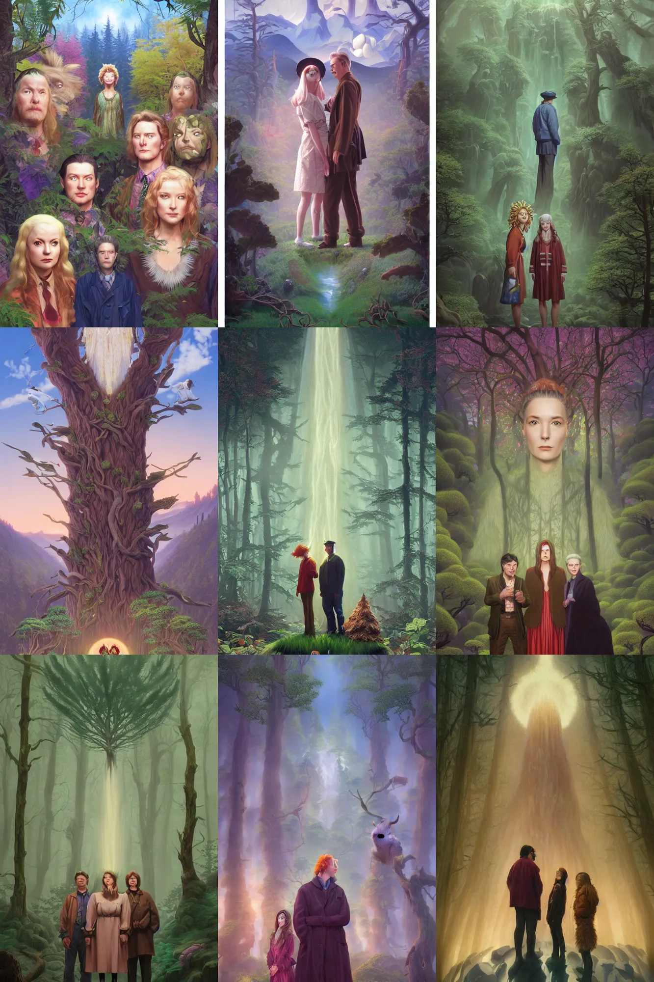 Prompt: Nature druid, character portrait Twin Peaks Movie poster, artwork by Chiho Aoshima, Donato Giancola, Craig Mullins, a Rendering of a cinematic beautiful closeup moment of friends standing facing toward their love, full of details, Matte painting, trending on artstation and unreal engine