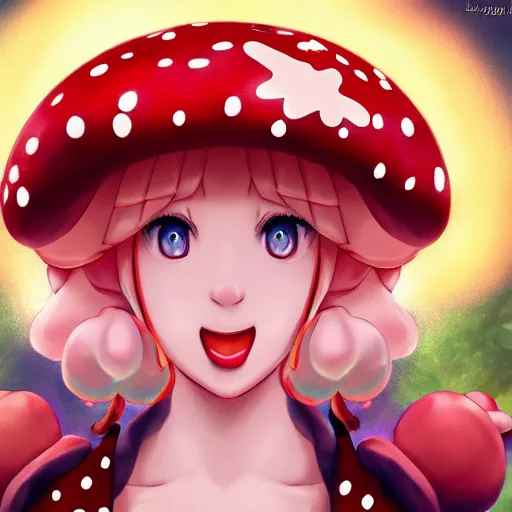 Prompt: princess peach holding a red and white spotted mushroom, beautiful portrait, Danbooru, anime, HD wallpaper, detailed, digital art