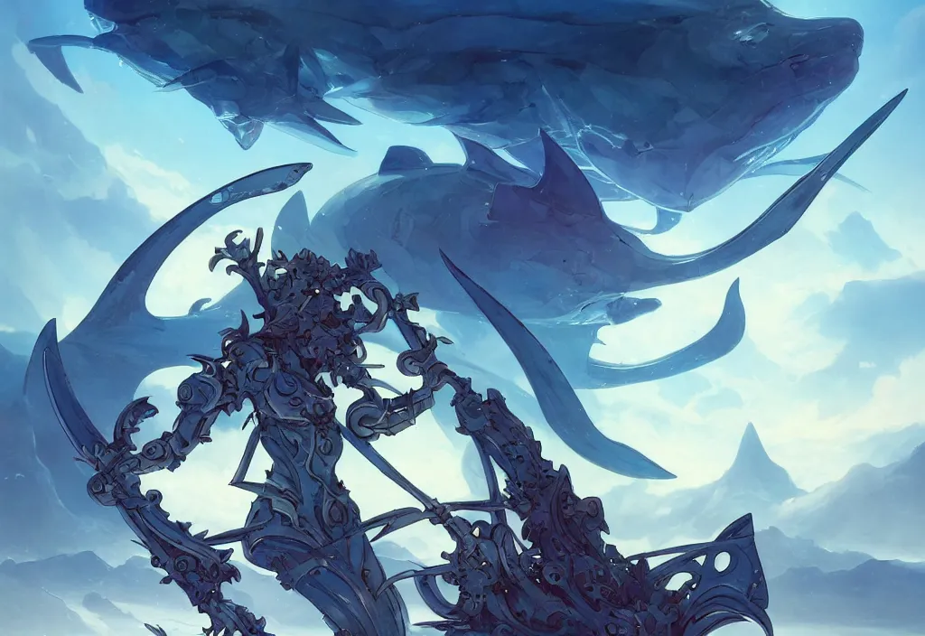 Image similar to close up of a extremely beautiful and aesthetic mech armor witch holding a symmetrical trident, perfect face, symmetrical eyes, back shark fin, horizon, model pose, slightly smiling, blue sky, big wave, big blade whale and big giants minotaurus, epic scene, bright color, fantasy illustrations, by peter mohrbacher and makoto shinkai and ferdinand knab