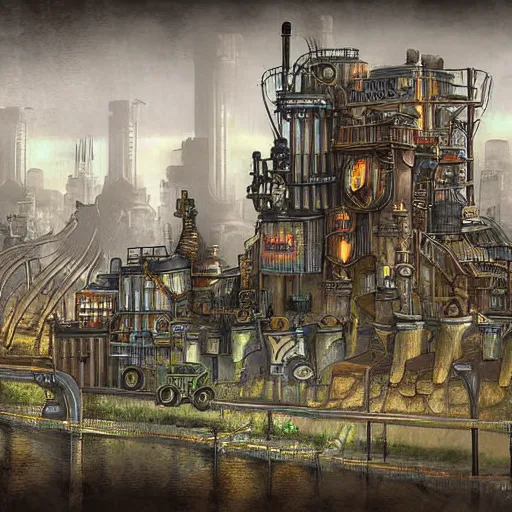 Image similar to steampunk fantasy city built into the side of a mountain, in three levels. the ground level is an industrial area with smokestacks and factories. the upper levels are residential. digital painting