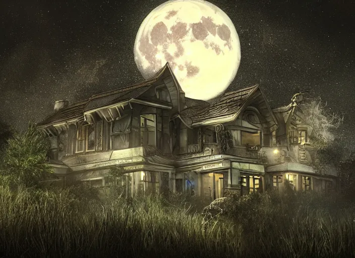 Image similar to realistic alien structured house on a dark land, full moon, ultra detailed, fantasy, hyper realism, art, smooth, beautiful art, masterpiece, landscape, cinematic, wet reflections, ray tracing x, rtx, smooth