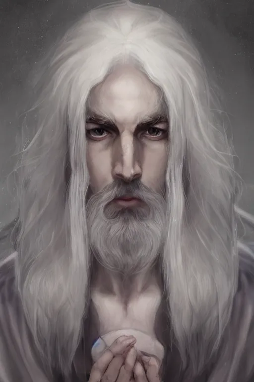 Image similar to white haired robe fu xi full male front body portrait, distant view, very long white beard and hair, long hair shawl, fine kindness delicate prefect face features gaze, piercing eye, elegant, style of tom bagshaw, cedric peyravernay, peter mohrbacher, victo nga, 4 k hd illustrative wallpaper, animation style, chinese style