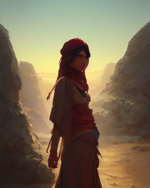 Prompt: beautiful bedouin, detailed portrait, cell shaded, 4 k, vivid colours, concept art by wlop, ilya kuvshinov, artgerm, krenz cushart, greg rutkowski, pixiv. cinematic dramatic atmosphere, sharp focus, volumetric lighting, cinematic lighting, studio quality