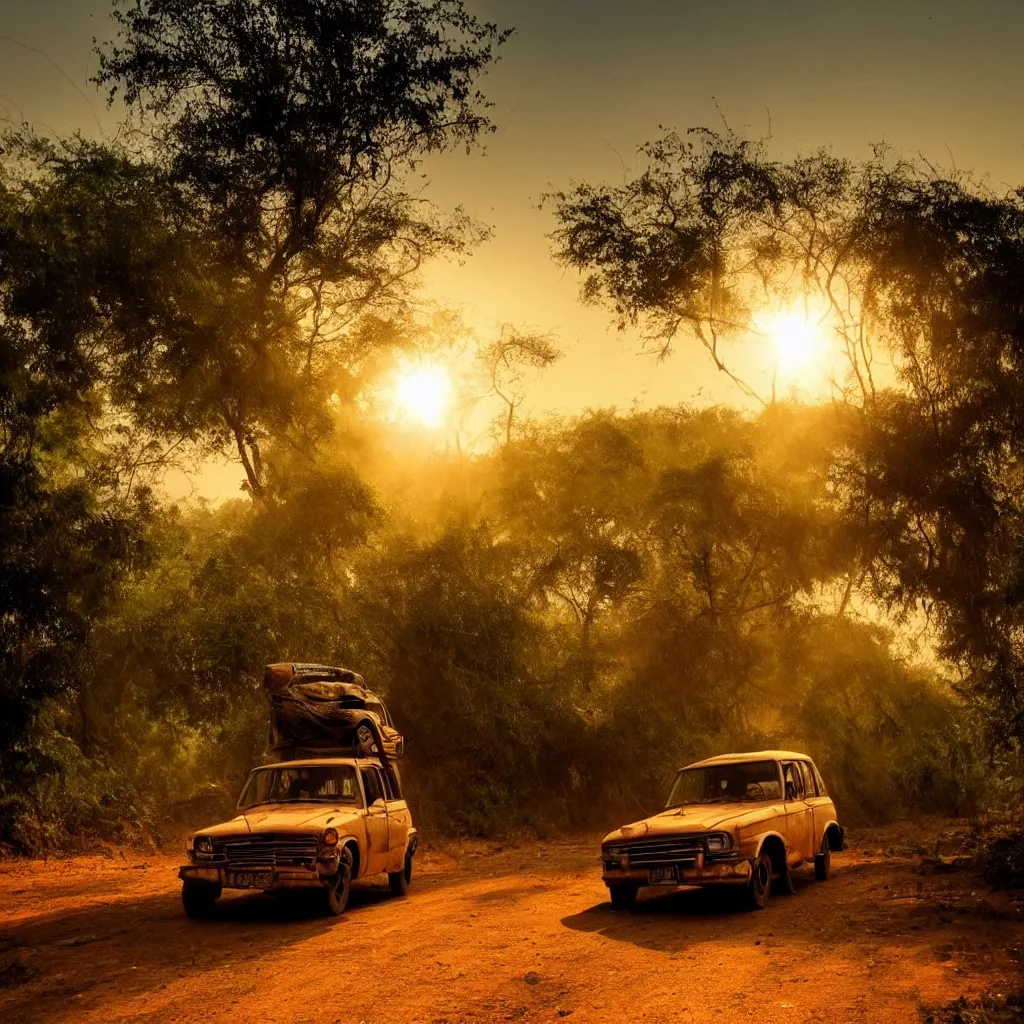 Prompt: bollywood car, on a dusty road, under a setting sun, with a dense jungle