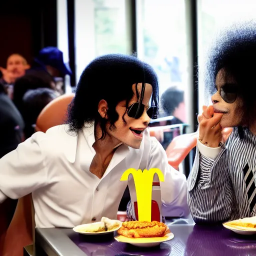 Prompt: Michael Jackson and Prince at a McDonald's having lunch, flash photography, Nikon D810, Sigma 85mm, award winning