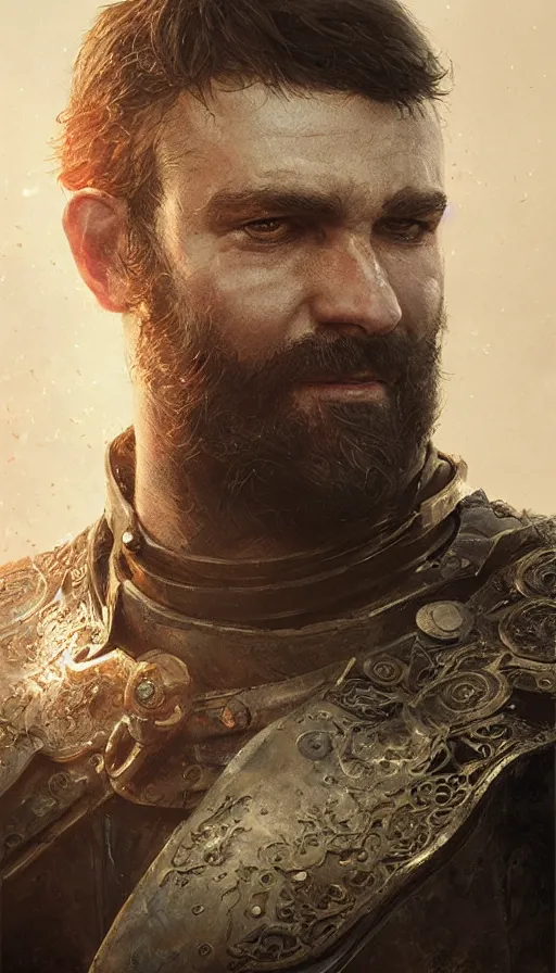 Prompt: Portrait of an old knight with a large sideburns, mutton chops, male, detailed face, fantasy, highly detailed, cinematic lighting, digital art painting by greg rutkowski