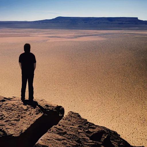 Prompt: A man stands at the edge of a cliff, looking out over a vast and empty desert, the sun beating down on him mercilessly, as he contemplates the long and arduous journey ahead.