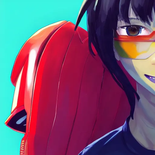 Image similar to asuka close - up, evangelion, gta 5 cover art, smiling borderlands style, cellshading, trending on artstation, by rhads, andreas rocha, rossdraws, makoto shinkai, laurie greasley, lois van baarle, ilya kuvshinov and greg rutkowski