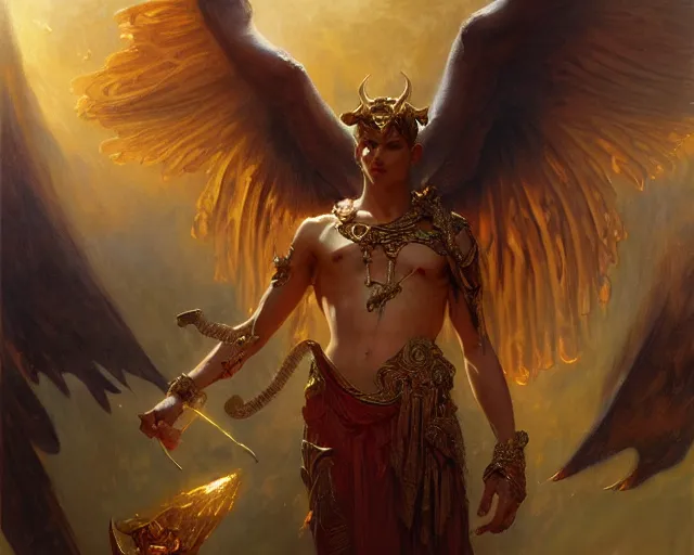 Image similar to grandiose male deity, casting demonic magic, summoning handsome lucifer morning star. highly detailed painting by gaston bussiere, craig mullins, j. c. leyendecker 8 k