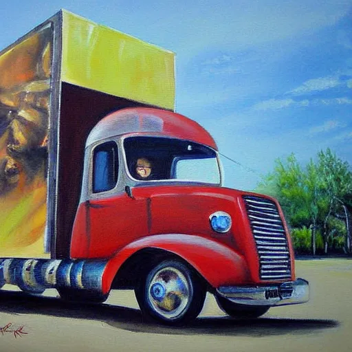 Image similar to an awesome painting with a camion by peter klasen