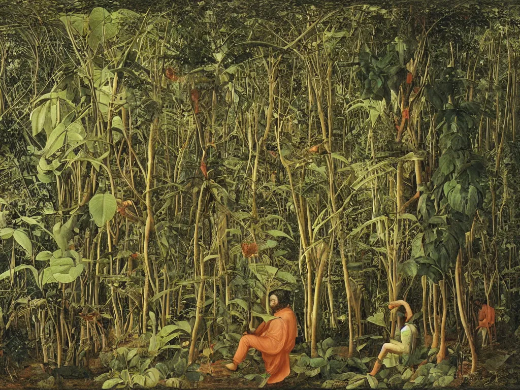 Image similar to Man lost in the Amazonian jungle among the carnivorous plants, panthers and giant leaves. Painting by Giotto