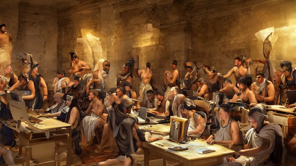 Prompt: Ancient roman LAN party with lots of men wearing togas and gaming headsets playing on computers, roman architecture, modern computers PC RGB gamer lights and gamer chairs. Photo realistic.