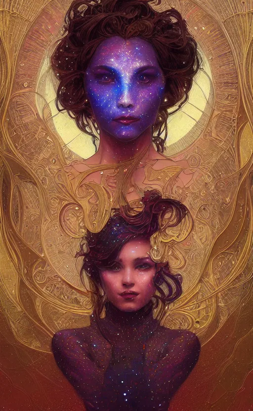 Image similar to portrait of a cosmic goddess, suit made out of stars and galaxies and cosmic energy, intricate, headshot, highly detailed, digital painting, artstation, concept art, sharp focus, cinematic lighting, illustration, art by artgerm and greg rutkowski, alphonse mucha, cgsociety