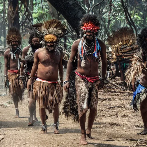 Prompt: detailed 4 k photorealistic papuan tribe walk in detailed new york