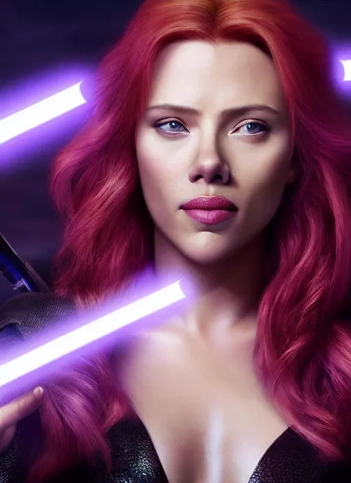 Image similar to scarlett johanson portraying a beautiful mara jade from star wars legends, in a black suit holding a purple lightsaber, movie, hyper realistic, hollywood promotional image, imax, 8 k