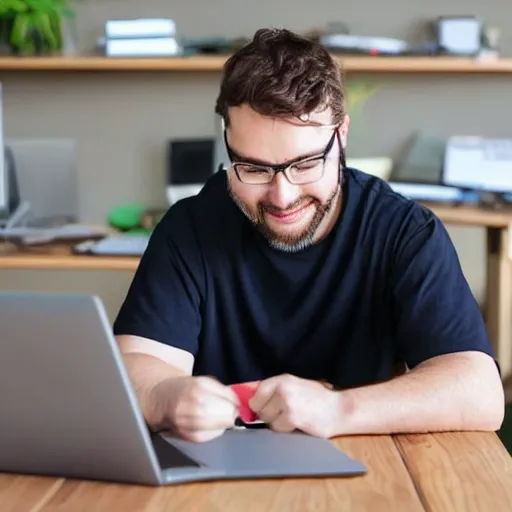 Image similar to a programmer finally fixed a bug in his code after trying for a long time, looking relieved and happy