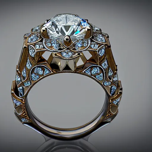 Prompt: photo of engagement ring with two diamonds outside and one in the middle, realistic, hyper detailed, concept art, victorian, multiple angles