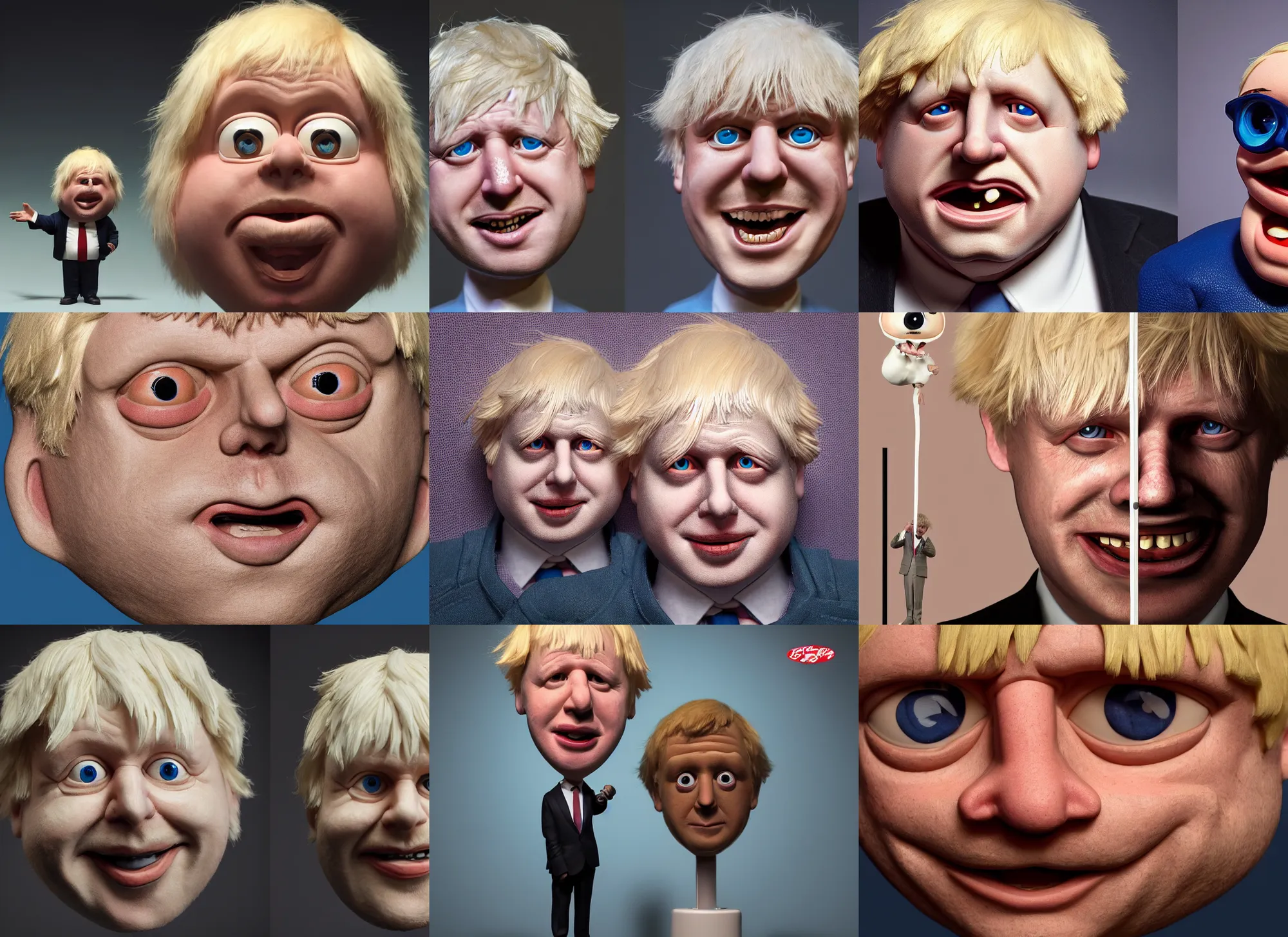 Prompt: boris johnson as a plastic toy, big eyes, grin, portrait by greg hildebrandt, studio lighting, muted colors, by terry richardson, handmade, by beeple, ultrarelistic, extreme detail, reflections, trending on artstation, 8 k